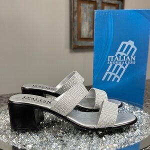 Italian Shoemakers Frankie Silver glittery Strap Block Heel Mules NEW 9